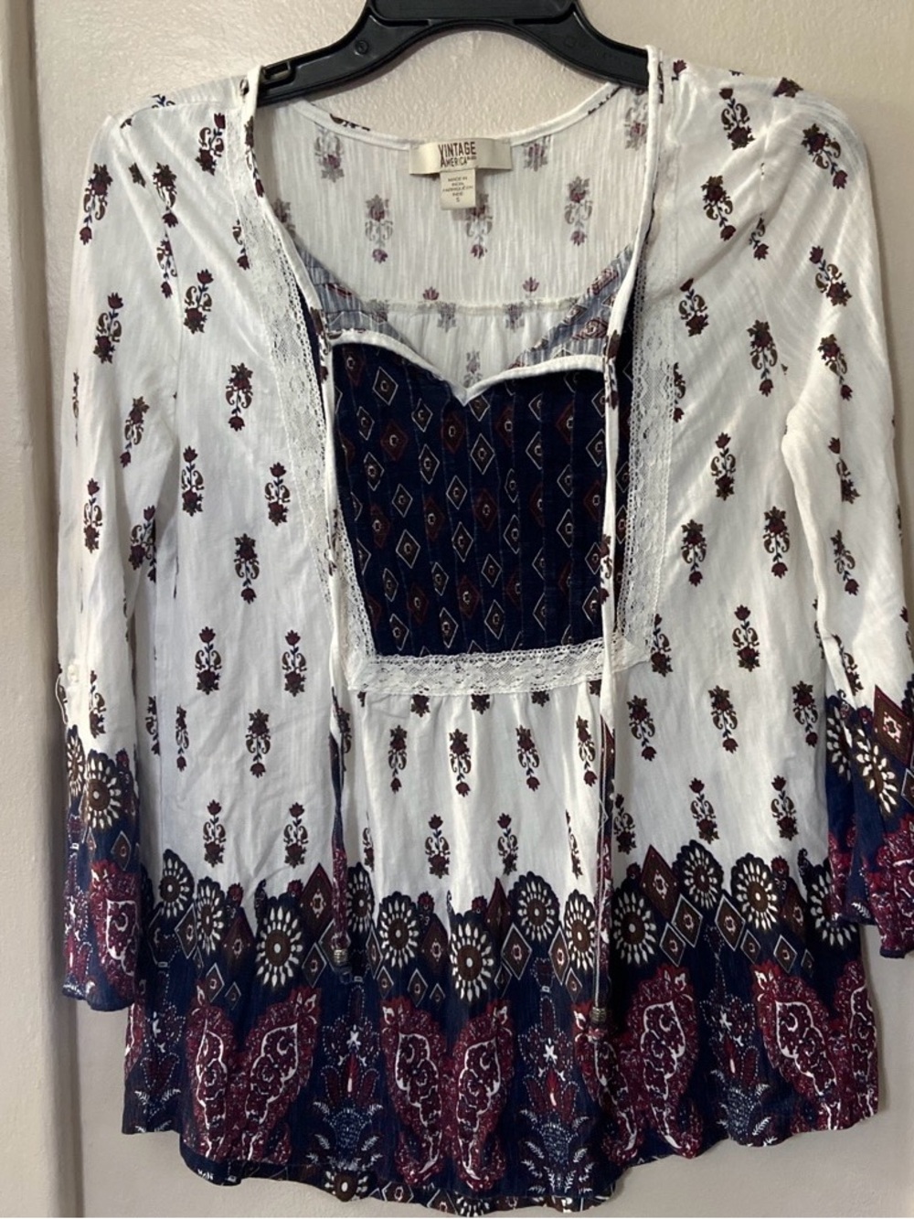Vintage America White Tunic with Navy & Burgundy Print